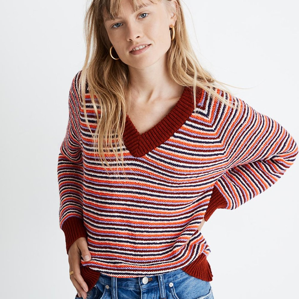 Madewell Arden V-Neck Crop Pullover Sweater in Stripe. NWT. Large